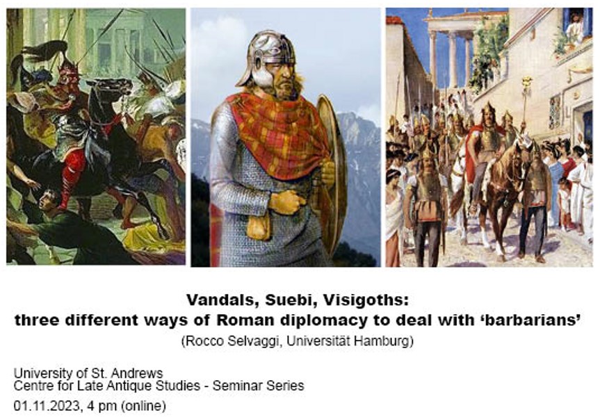Tomorrow I will give this #lecture on roman-barbarian #diplomacy in #lateantiquity at @univofstandrews 🗣 Thank you @AmianoMarcelino for the invitation 🤝🏻 Join us and learn more about #suebi #visigoths #vandals 😉