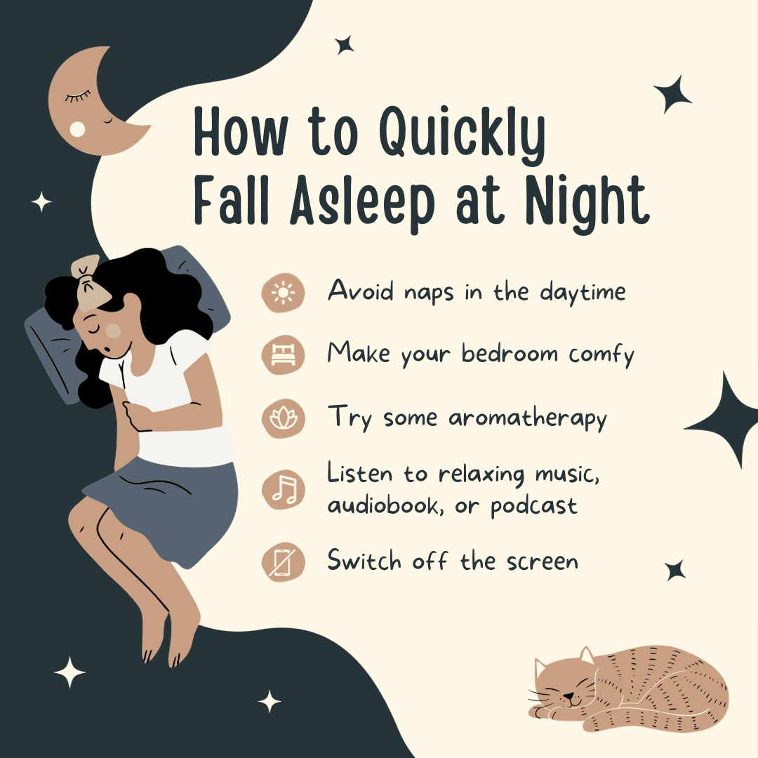 nw_triosss's tweet photo. How to quickly fall asleep at night:
- Avoid naps
- Make your bedroom comfy
- Try aromatherapy
- Listen to music
- Turn off screens
#sleeptips #getsomerest #tipsfromTRIOSSS #collegesuccess #collegetips #naptime https://t.co/Qptj2HYet9