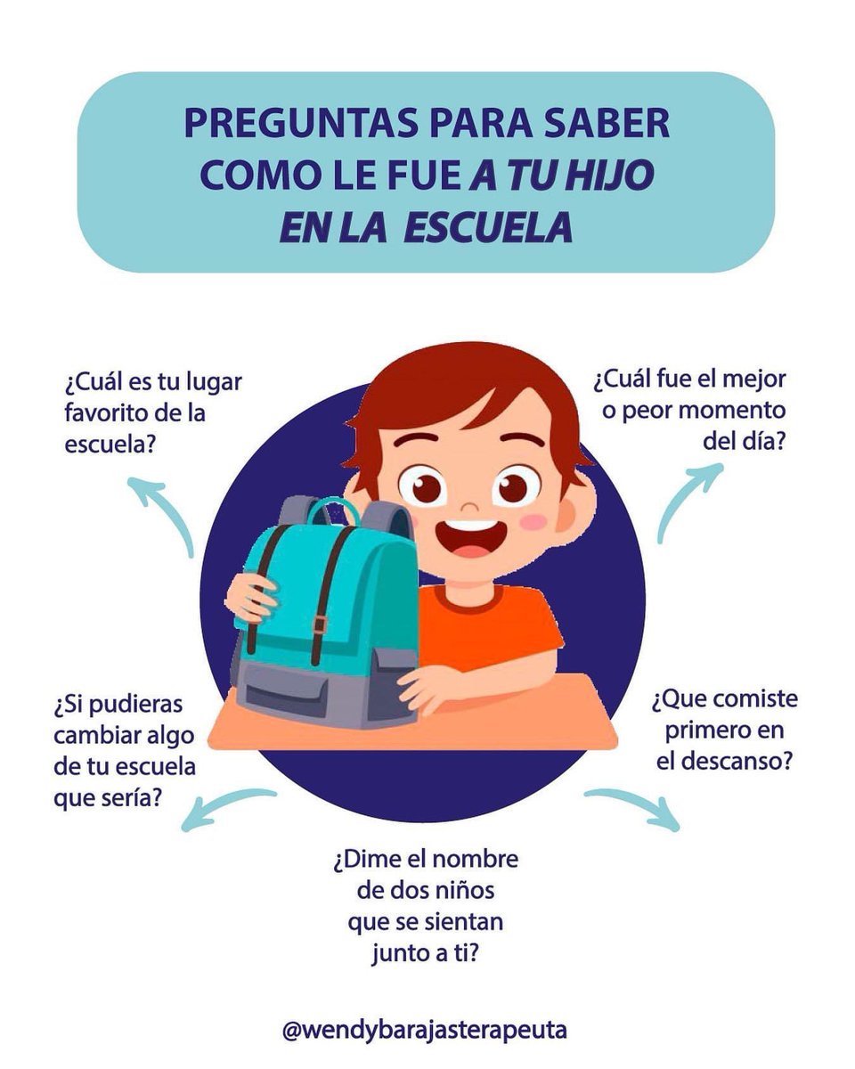 WendyBarajasA's tweet photo. A los niños 🌈 en edad preescolar o primaria, no es posible preguntarles por su día como a un adulto … ✔��descubre mucho más de tus hijos, sobrinos, nietos con estas preguntas. 
.
#wendybarajas #terapiafamiliar https://t.co/kcB7XvDjBR