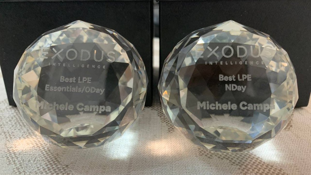 Michele Campa (@s1ckb017) on Twitter photo My first year as a security researcher, with frustration and adrenaline, is almost over. I thank <a href="/XI_Research/">Exodus Intelligence</a> for awarding me with “Best LPE Essentials/0day” and with “Best LPE NDay”. My first year as a security researcher, with frustration and adrenaline, is almost over. I thank <a href="/XI_Research/">Exodus Intelligence</a> for awarding me with “Best LPE Essentials/0day” and with “Best LPE NDay”.