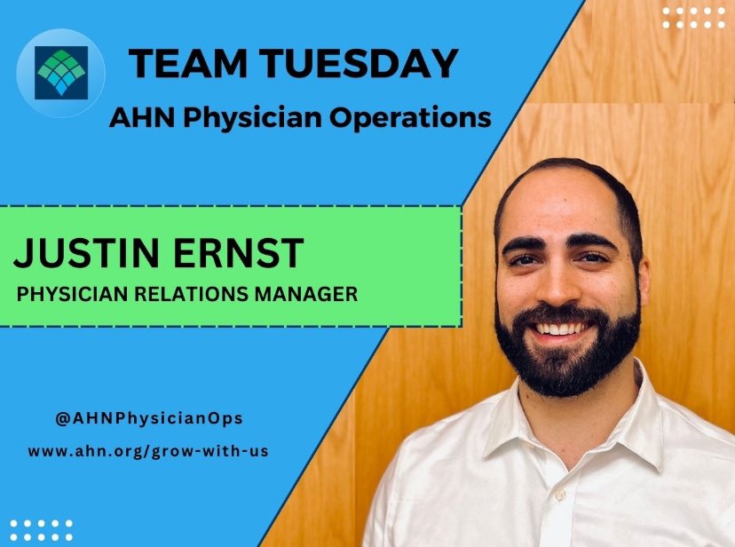 AHNPhysicianOps's tweet image. Today’s #TeamTuesday is Physician Relations Manager, Justin Ernst! Justin promotes our AHN physicians and programs in the south region including Jefferson Hospital, Canonsburg Hospital, and much more!