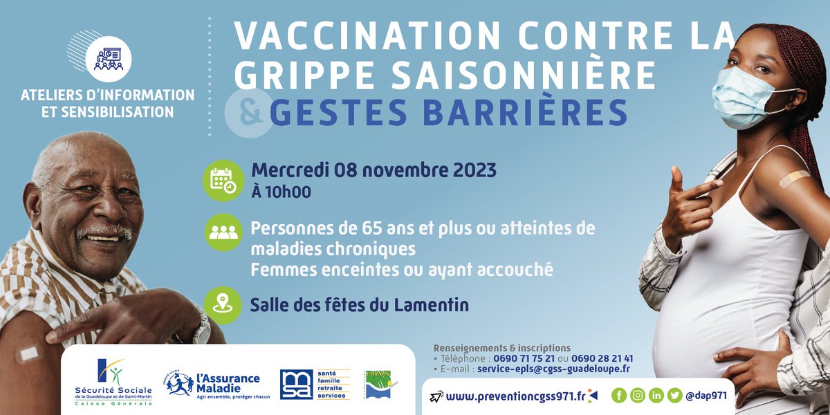 La Caisse Générale de Sécurité Sociale de la #Guadeloupe et de Saint-Martin vous invite à un #atelier de sensibilisation à la #Vaccination contre la #grippe et aux gestes barrières.

#grippesaisonniere #prevention #protection #sante #gestesbarrières