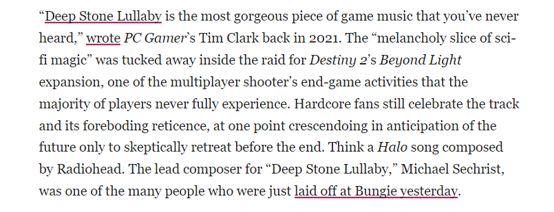 ethangach's tweet photo. Hard to convey as a Destiny player what it's like to hear two of the game's composers have been laid off, including longtime veteran Michael Salvatori, whose Destiny melodies alone have wormed their way through thousands of hours and 10 years of my life. 
https://t.co/kWJ2LOcdaN https://t.co/Vq44jlRRQ5