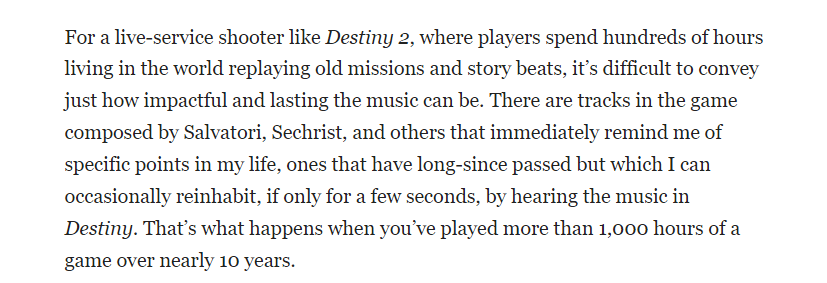 ethangach's tweet photo. Hard to convey as a Destiny player what it's like to hear two of the game's composers have been laid off, including longtime veteran Michael Salvatori, whose Destiny melodies alone have wormed their way through thousands of hours and 10 years of my life. 
https://t.co/kWJ2LOcdaN https://t.co/Vq44jlRRQ5