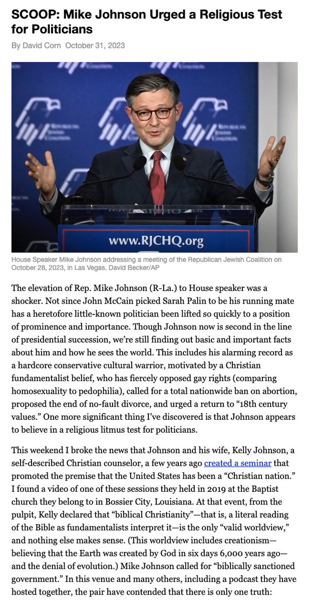 SCOOP: At a 2019 seminar, @SpeakerJohnson essentially proposed a religious test for candidates. Only those who held a Biblical worldview & saw the US as a 'Christian nation' deserved support. See my #OurLand newsletter link.motherjones.com/public/33196514 Subscribe: davidcorn.com