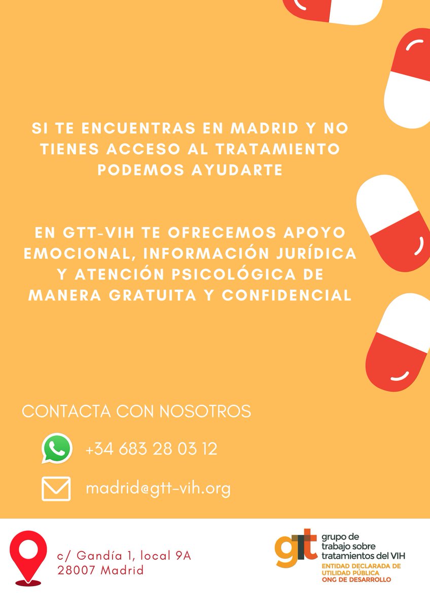 ¿Eres extranjero con el VIH y no tienes acceso al sistema sanitario en la Comunidad de Madrid? ¿Tienes pensado residir aquí pero no sabes como continuar con tu tratamiento? ¡En
@gttvih

podemos ayudarte! Contacta con nosotros en madrid@gtt-vih.org o el teléfono: +34 683 28 03 12