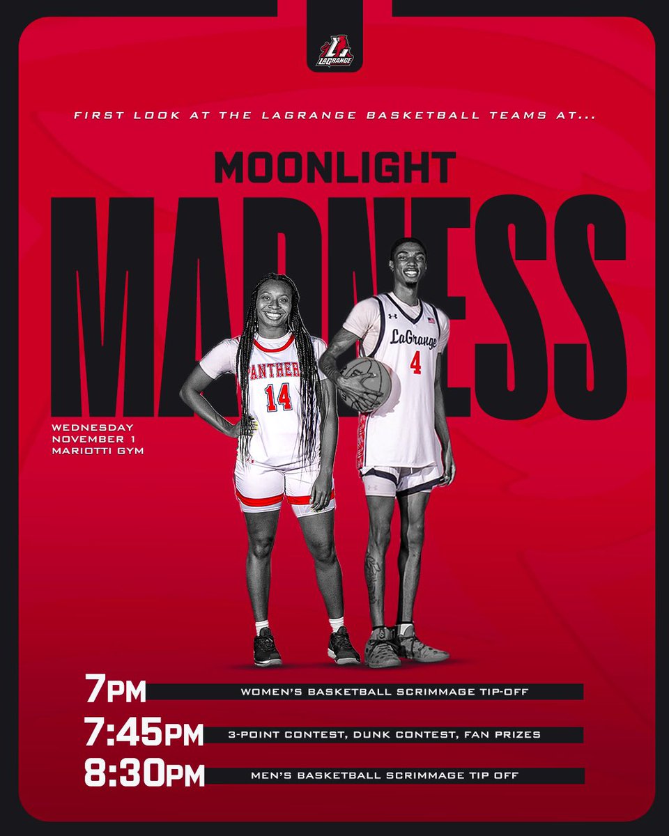 Madness in Mariotti.

Don’t miss the opportunity to check out this years @LC_MBB and <a href="/LaGrangeWBB/">LaGrange College Women’s Basketball</a> teams as well as win various prizes! Tipoff will begin at 7pm, tomorrow night, in Mariotti Gym!

#Full40