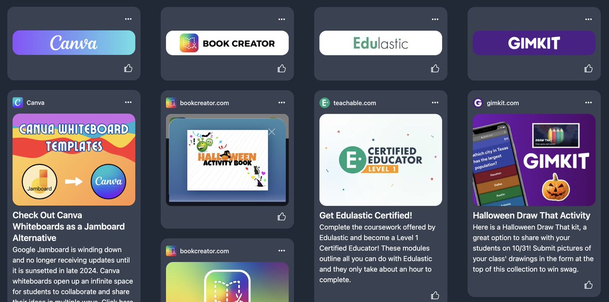 🎃bit.ly/lolex2🎃

@l_alston & I are so proud to share resources + activities for our fave #edtech platforms with 💙 @wakelet:
📖 @BookCreatorApp
🖼️ @CanvaEdu
✅ @Edulastic
👾 @gimkit
🗣️ @justmoteHQ
✨ @nearpod
💜 @quizizz
🏫 @Seesaw

@LBpublicschools #HappyHalloween