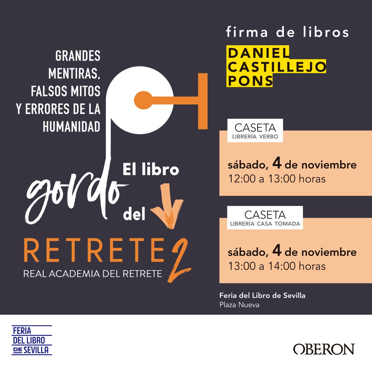 ¡Este sábado firma de libros con Daniel Castillejo Pons en la <a href="/FLSevilla/">Feria Libro Sevilla</a>! 📖

🕐 De 12.00 a 13.00 h en la caseta de <a href="/libreriaverbo/">Librería Verbo</a>.

🕑 Y de 13.00 a 14.00 h en la caseta de <a href="/enlacasatomada/">Casa Tomada</a>.

¡Te esperamos! 😃