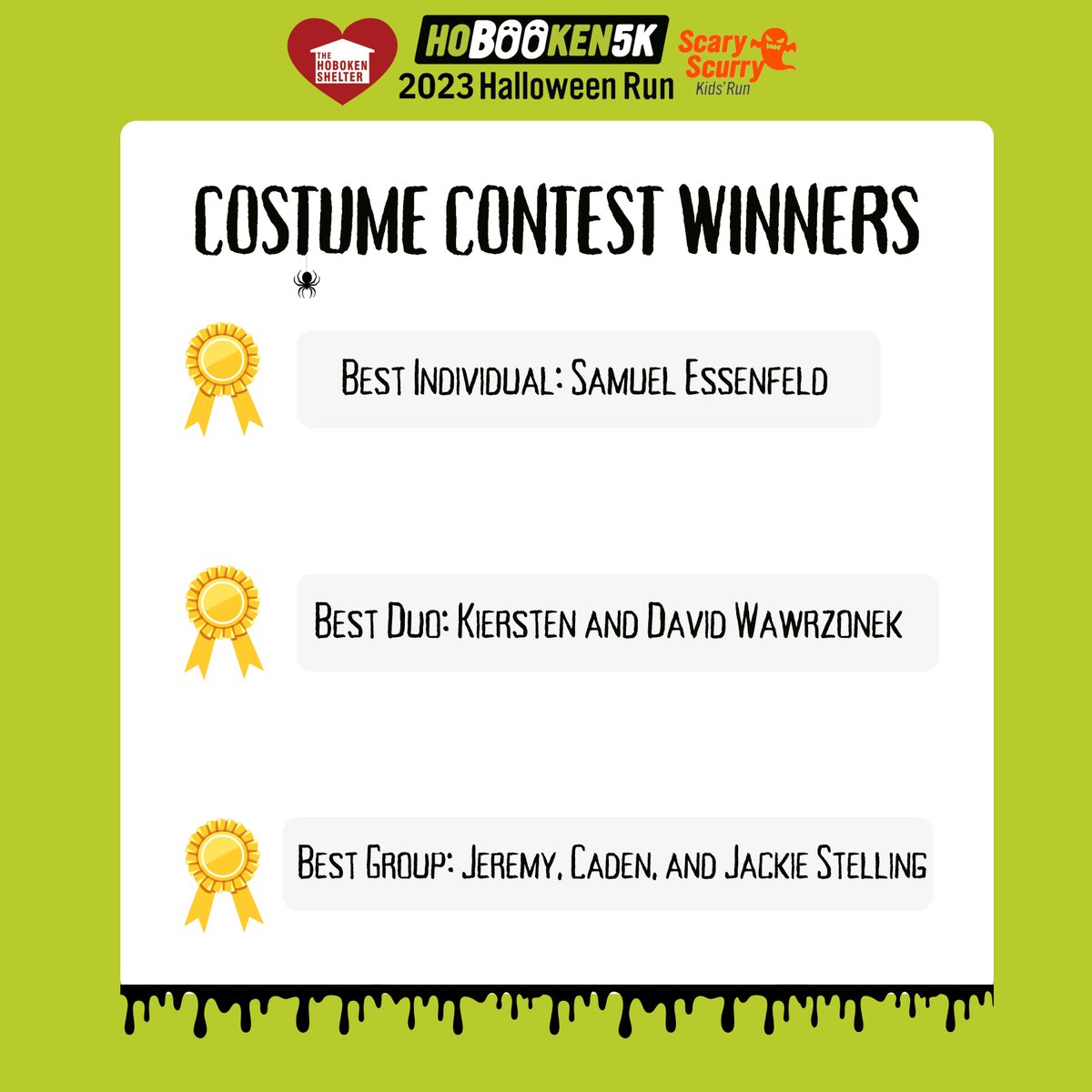 HoBOOken5K's tweet photo. Drumroll please! Thank you to everyone who entered our costume contest! Our team loved viewing your FaBOOlous costumes!

Our judges have deliberated:

Best Individual Costume: Samuel Essenfeld  Best Duo: Kiersten and David Wawrzonek Best Group: Jeremy, Caden, and Jackie Stelling https://t.co/WXhPRxH2tJ
