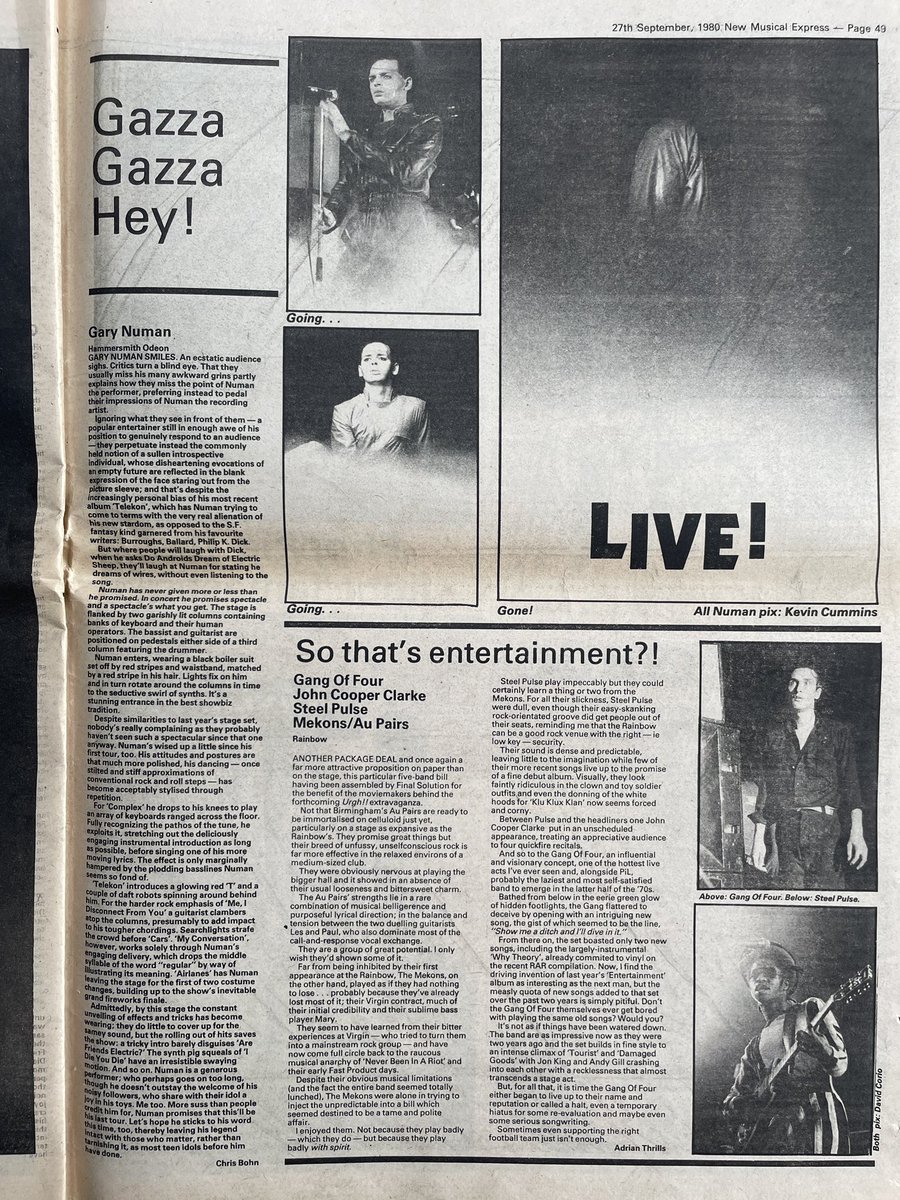 Gang Of Four, John Cooper Clarke, Steel Pulse, Mekons, Au Pairs - all on the same bill!
Live reviews - plus Gary Numan - from NME, 27 September 1980.