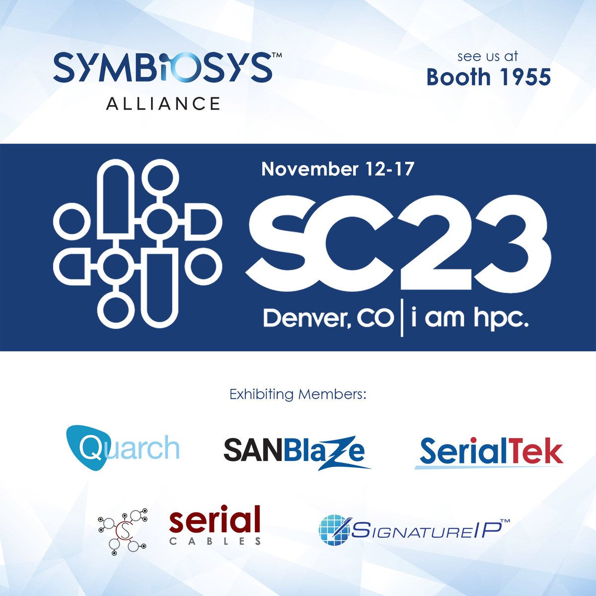 Symbiosys Alliance (@symbiosys_io) on Twitter photo Symbiosys Alliance members <a href="/Quarch/">Quarch Technology</a>, <a href="/SANBLAZE_tech/">SANBlaze</a>, <a href="/SerialCables/">Serial Cables, LLC</a>, <a href="/SerialTek/">SerialTek</a>, & <a href="/SignatureIp/">Signature IP</a> will be exhibiting at Super Computing 2023 (#SC23 ), November 13-16 in Denver, CO. See us at booth 1955! Symbiosys Alliance members <a href="/Quarch/">Quarch Technology</a>, <a href="/SANBLAZE_tech/">SANBlaze</a>, <a href="/SerialCables/">Serial Cables, LLC</a>, <a href="/SerialTek/">SerialTek</a>, & <a href="/SignatureIp/">Signature IP</a> will be exhibiting at Super Computing 2023 (#SC23 ), November 13-16 in Denver, CO. See us at booth 1955!