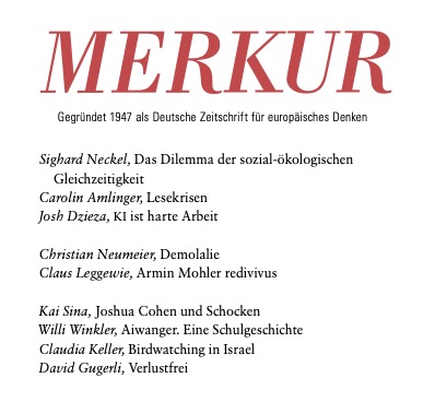 Im November-Heft @redaktionmerkur das kluge Stück von @kai_sina zum Schocken Verlag. Und lange Linien: Willi Winkler zur Causa Aiwanger, Claus Leggewie zur Causa Mohler. (1/3)