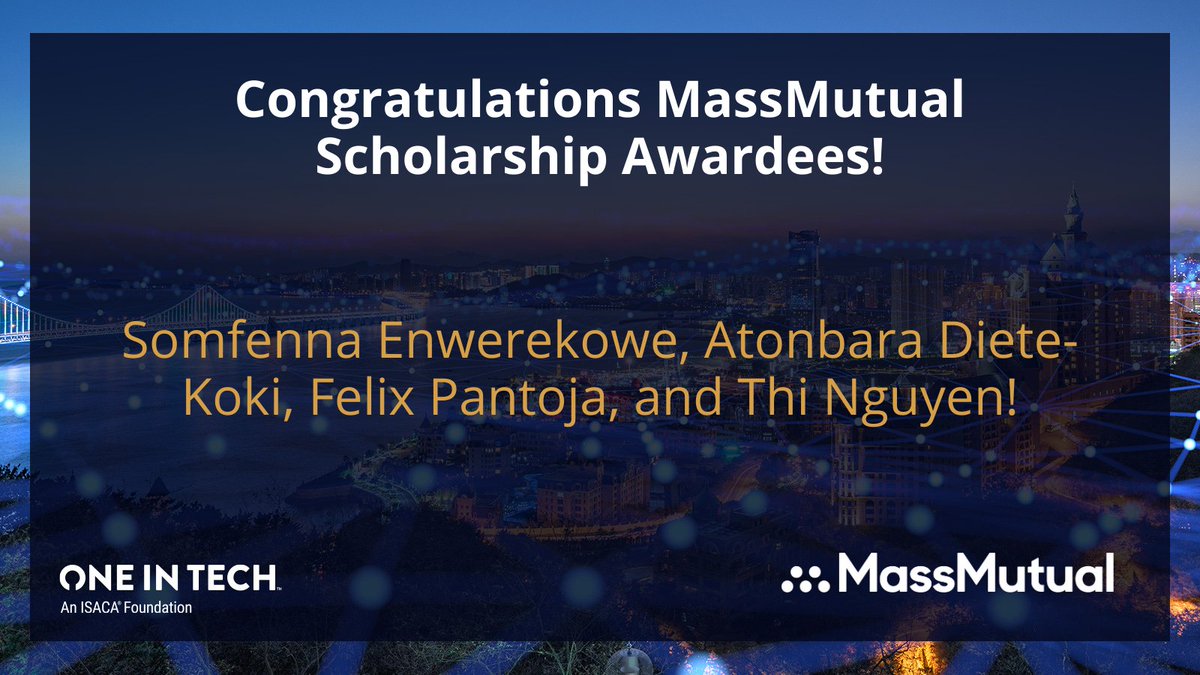 One In Tech, an ISACA Foundation (@weareoneintech) on Twitter photo Introducing the talented <a href="/massmutual/">MassMutual</a> Scholarship awardees from <a href="/UMassAmherst/">UMass Amherst</a>: Somfenna Enwerekowe, Atonbara Diete-Koki, Felix Pantoja, and Thi Nguyen!
<a href="/ISACANews/">ISACA Global</a> #OITScholarships Introducing the talented <a href="/massmutual/">MassMutual</a> Scholarship awardees from <a href="/UMassAmherst/">UMass Amherst</a>: Somfenna Enwerekowe, Atonbara Diete-Koki, Felix Pantoja, and Thi Nguyen!
<a href="/ISACANews/">ISACA Global</a> #OITScholarships