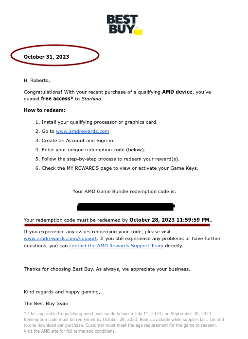 hradec_com's tweet photo. @BestBuyCanada Bought a Ryzen 9 7950X at https://t.co/OYfaImJxu5 on the 9th of September to participate on the AMD Starfield promotion. 

https://t.co/itP83HFNb7 sent me the AMD Rewards code TODAY, 31st of October, 2 DAYS AFTER THE PROMOTION ENDED!! 

How great is that? https://t.co/GmLPsNuoLC