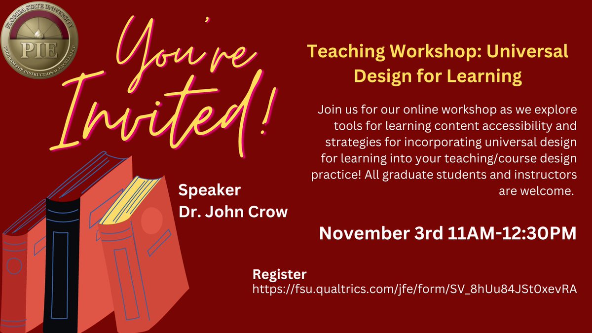 Join us virtually THIS FRIDAY (Nov 3rd) from 11am to 12:30pm for a teaching workshop on universal design for learning! 

Register: fsu.qualtrics.com/jfe/form/SV_8h…