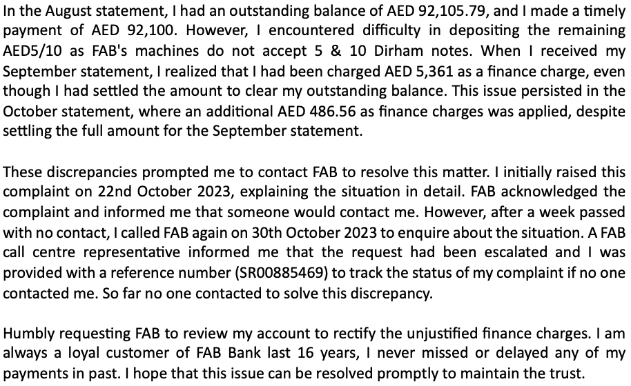 mohdjazz's tweet photo. @FABConnects I am expressing my dissatisfaction with my recent interaction with FAB Bank about the credit card finance charge issue which is as follows. https://t.co/tJcYncWQBr