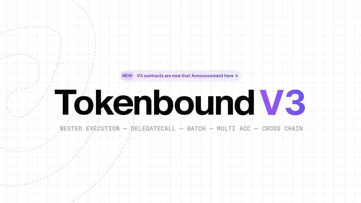 Introducing Tokenbound V3 - the latest version of the most popular @erc6551 account implementation ✨ Packed with new features and upgrades, V3 helps you harness the full power of token bound accounts in your application Here’s what’s new (and how to start building with it) 👇