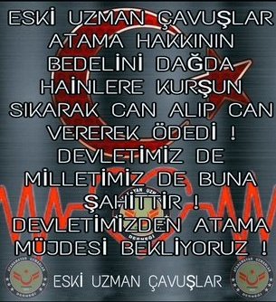 Vatanımız icin her şartta çarpıştık dağda teröristlere kan kusturduk,şehit olduk,gazi olduk,şimdi unutulmak istemiyoruz !
Seferberlik çıkma ihtimalinde bile mesaj atılan #EskiUzmanÇavuşlar 'a ,hakkı olan memuriyete atama mesajıda istiyoruz !
BİZİ UNUTMAYIN!
<a href="/gundes_46/">MUSTAFA GÜNDEŞLİ</a> <a href="/ATAUZDER/">ATANAMAYAN UZMANLAR DERNEĞİ RESMİ X HESABI</a>