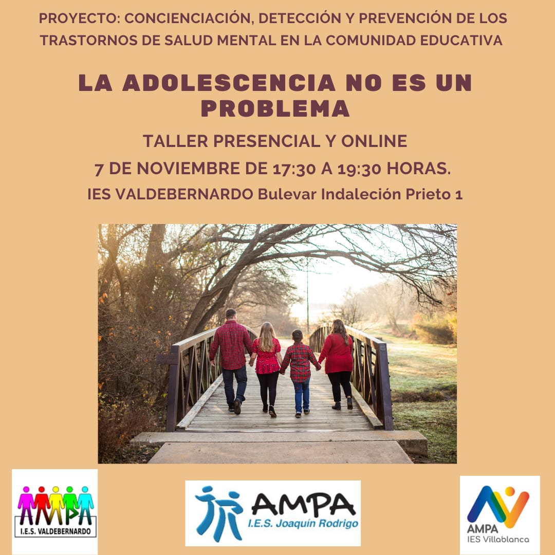 📢ATENCIÓN, ATENCIÓN 📢
Primer taller para las familias dentro de nuestro proyecto CONCIENCIACIÓN, DETECCIÓN Y PREVENCIÓN DE LOS TRANSTORNOS DE SALUD MENTAL EN LA COMUNIDAD EDUCATIVA 
MARTES 7/10 a las 17:30
¡No os lo perdáis!
Gracias <a href="/magnolia_CR/">유령계-블언블</a> por ayudarnos 
AMPA SOMOS TODOS