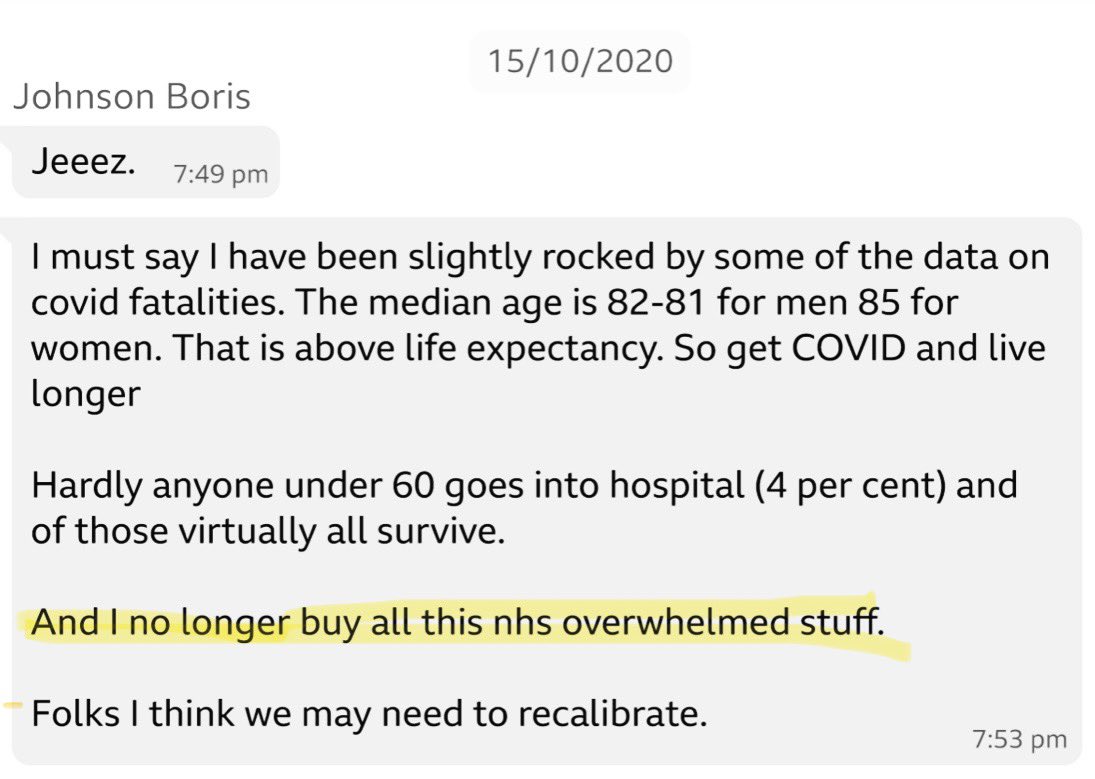 Enraging as an NHS doctor to see @BorisJohnson bragging in Oct 2020 that he “no longer buys all this NHS overwhelmed stuff.” We were hurtling into Covid’s most catastrophic phase - too few ventilators, too few ambulances, a calamitous wave of death. Yet he ignored the science.