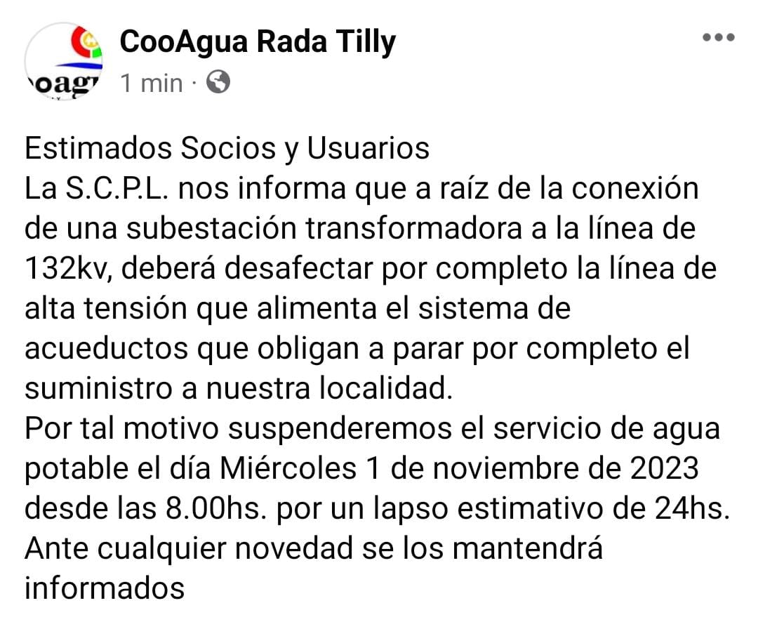 #ATENCION #RadaTilly #CorteDeAgua