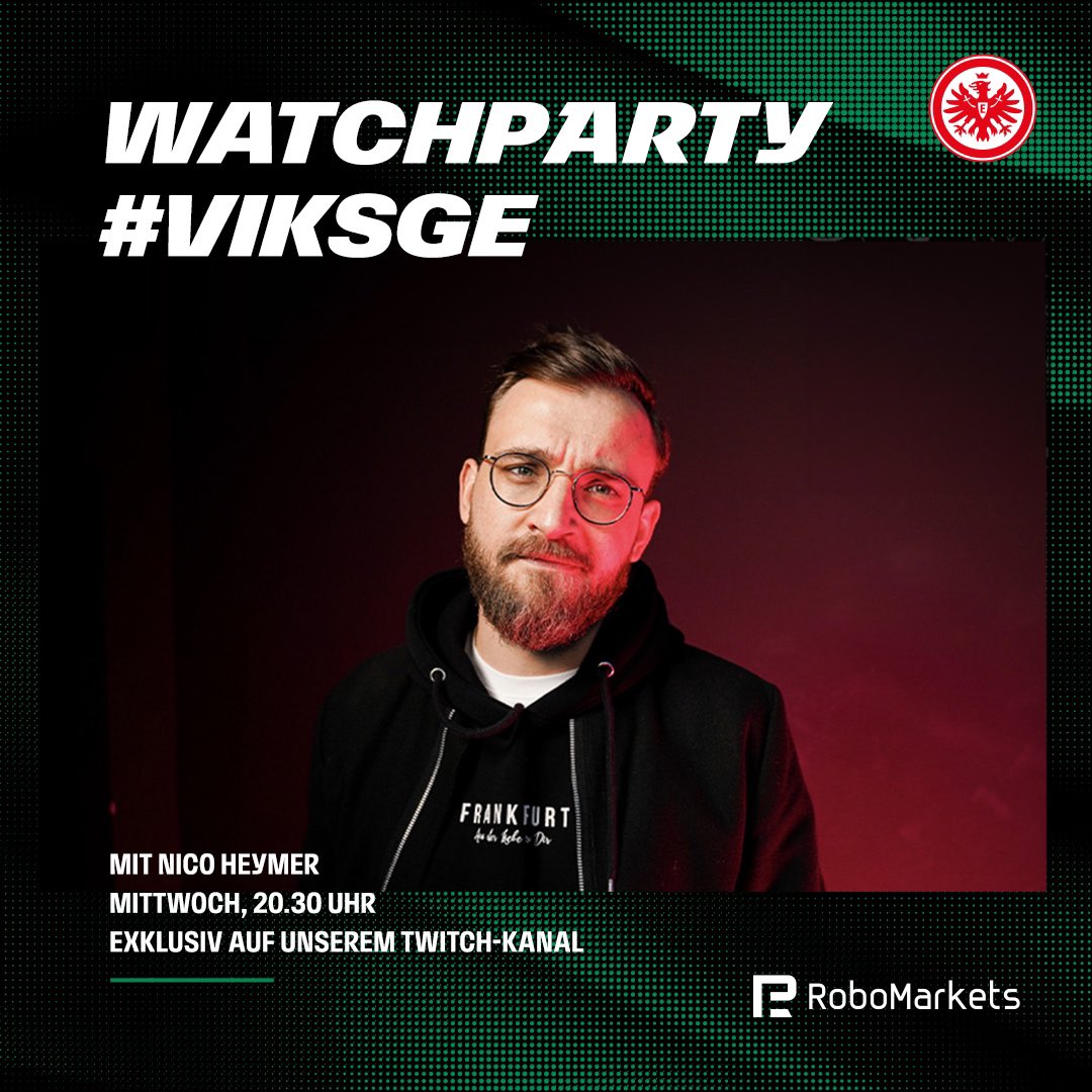 Morgen gemeinsam ins Achtelfinale! (Auch vom Wohnzimmer aus 😉🍿)

Denn es gibt wieder die Watchparty auf Twitch mit <a href="/BrudiVoeller/">NicoHeymer</a> 🏆

👉 Hier folgen und morgen einschalten nicht vergessen: m.twitch.tv/eintracht_offi…

#SGE | #VIKSGE | #DFBPokal