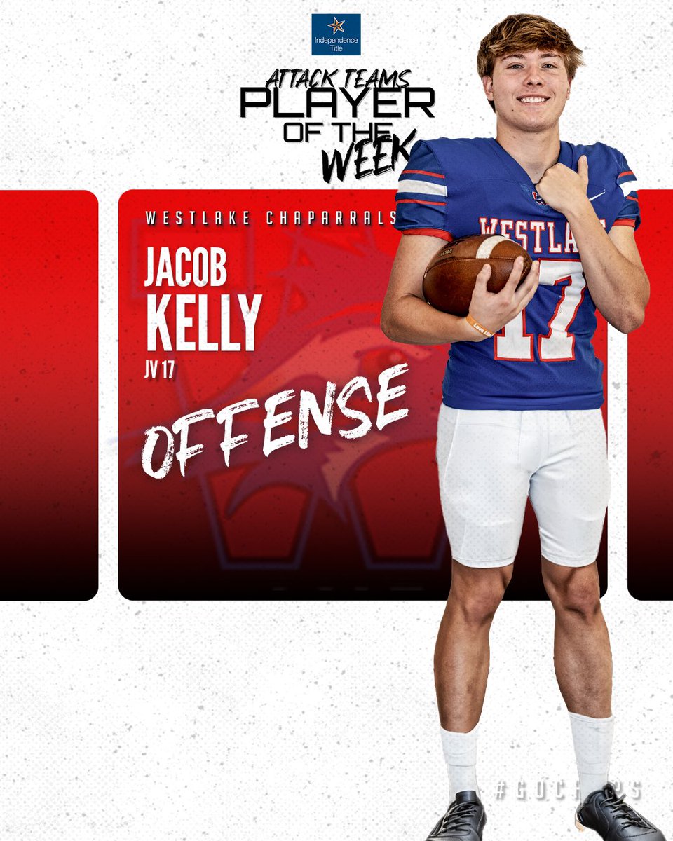 Westlake_Nation's tweet photo. Congratulations to the Offensive Attack Team Player of the Week, Jacob Kelly. Jacob's performance prepared the offense ahead of the 62-0 win over Bowie. He will serve as a team captain on Friday night when the Chaps face Johnson. #GoChaps #AttackTeam https://t.co/kwLPjwRTgK