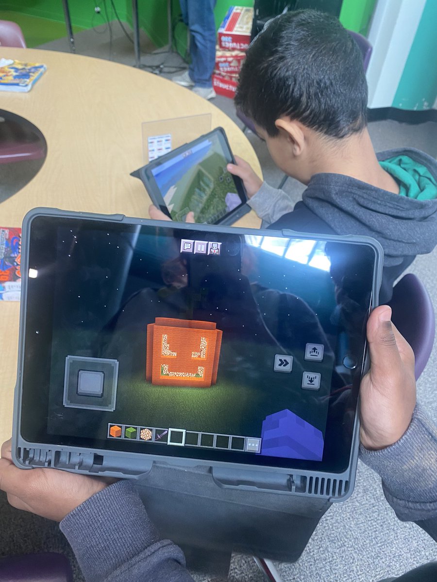 MsMWalker1's tweet photo. Getting into the spooky spirit with Minecraft education, Lego structures and of course, pumpkin carving. #Halloween @AshleyOaksPS https://t.co/q38a9olESM