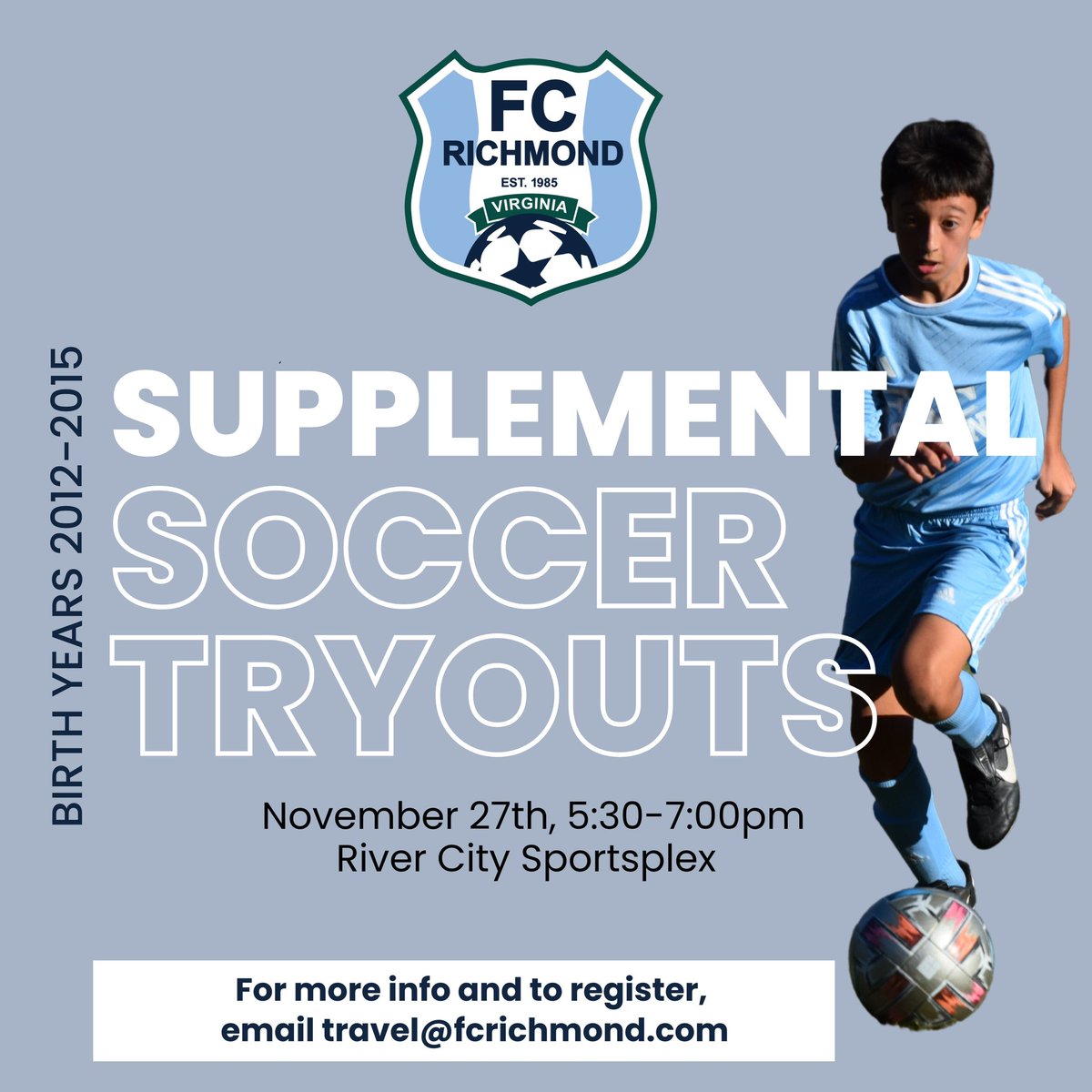 📣 FC Richmond will be offering supplemental travel program tryouts for players U9-U12 (birth year 2012-2015). 
🗓️ Tryouts will be held on Monday, November 27th at River City Sportsplex.
📧 For more info and to register, please email Kris South at travel@fcrichmond.com