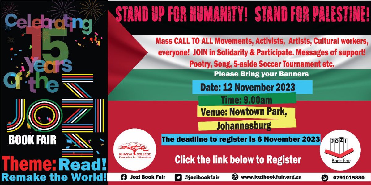Join Solidarity with Palestine, Mass Call to ALL Movements, Activists, Artists and Cultural Workers. Sunday, 12 November 2023, Newtown Park. Click here to register- forms.gle/dVcQbf4jT8VH4y…
