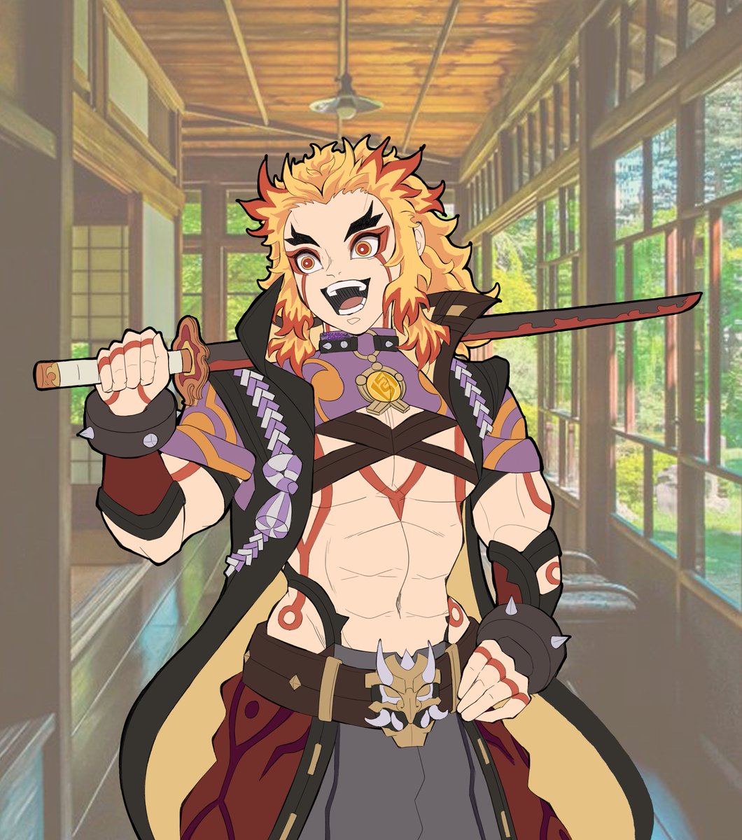 Amb_Hashira's tweet image. 🔥🐂Rengoku as Arataki Itto the One and Oni cx 🐂🔥