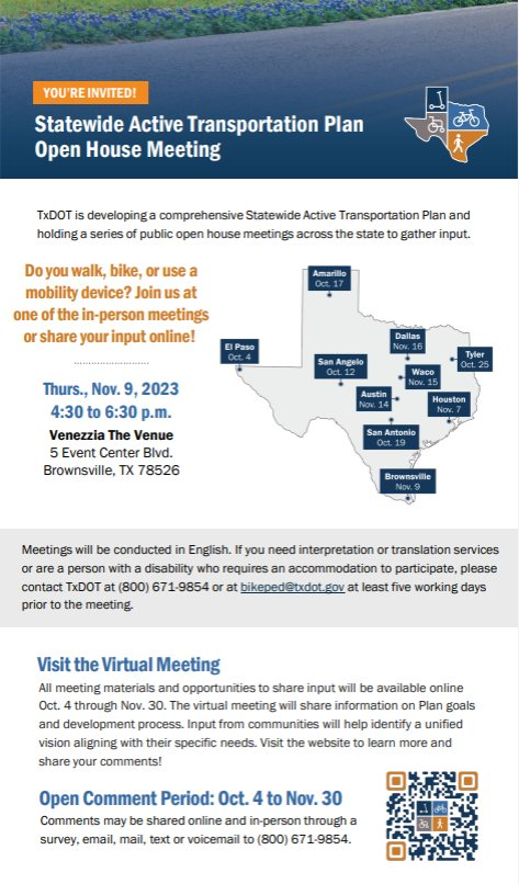 rgvmpo's tweet photo. Statewide Active Transportation Plan Open House Meeting hosted by @TxDOT @TxDOTPharr ! Find more information below:

#txdot #activetransportation #cycling #Transportation #RGV https://t.co/ntkEnMixVY