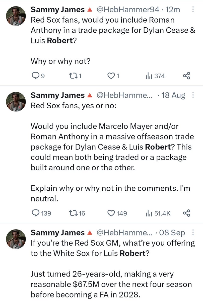 RedSoxReceipts's tweet photo. The engagement farming with Robert trades to the Red Sox needs to stop https://t.co/CzoKiIdPN5