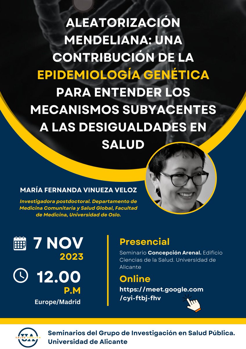 Grupo Salud Pública UA (@grupospua) on Twitter photo Estrenamos la temporada 23/24 de los seminarios del Grupo de Investigación en Salud Pública de la <a href="/UA_Universidad/">Universidad de Alicante UA</a> y lo hacemos de la mano de Mafer Vinueza que viene de Noruega a hablarnos de Epidemiología Genética.
Nos vemos el 7 de noviembre a las 12.00h presencial u online. Estrenamos la temporada 23/24 de los seminarios del Grupo de Investigación en Salud Pública de la <a href="/UA_Universidad/">Universidad de Alicante UA</a> y lo hacemos de la mano de Mafer Vinueza que viene de Noruega a hablarnos de Epidemiología Genética.
Nos vemos el 7 de noviembre a las 12.00h presencial u online.