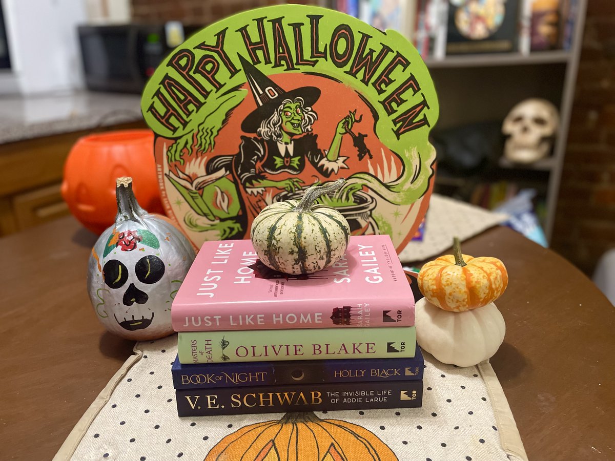 Who's ready for a Halloween #sweepstakes?! Follow us, then retweet/like this post for your chance to win #TheInvisibleLifeofAddieLaRue by <a href="/veschwab/">Victoria/V.E. Schwab</a>, #BookofNight by <a href="/hollyblack/">Holly Black</a>, #MastersofDeath by <a href="/OlivieBlake/">Olivie Blake</a>, &amp; #JustLikeHome by Sarah Gailey 🎃💀👻

#TorHalloweenSweeps