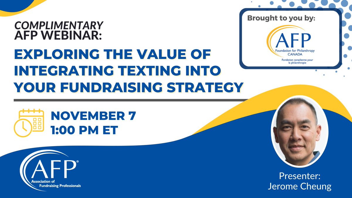 AFPIHQ's tweet image. The AFP Foundation for Philanthropy – Canada is pleased to offer this upcoming complimentary webinar! 

This webinar will explore the benefits of texting and its effectiveness in informing, engaging, &amp;amp; driving action.

Join us: afpglobal.org/webinars/explo…