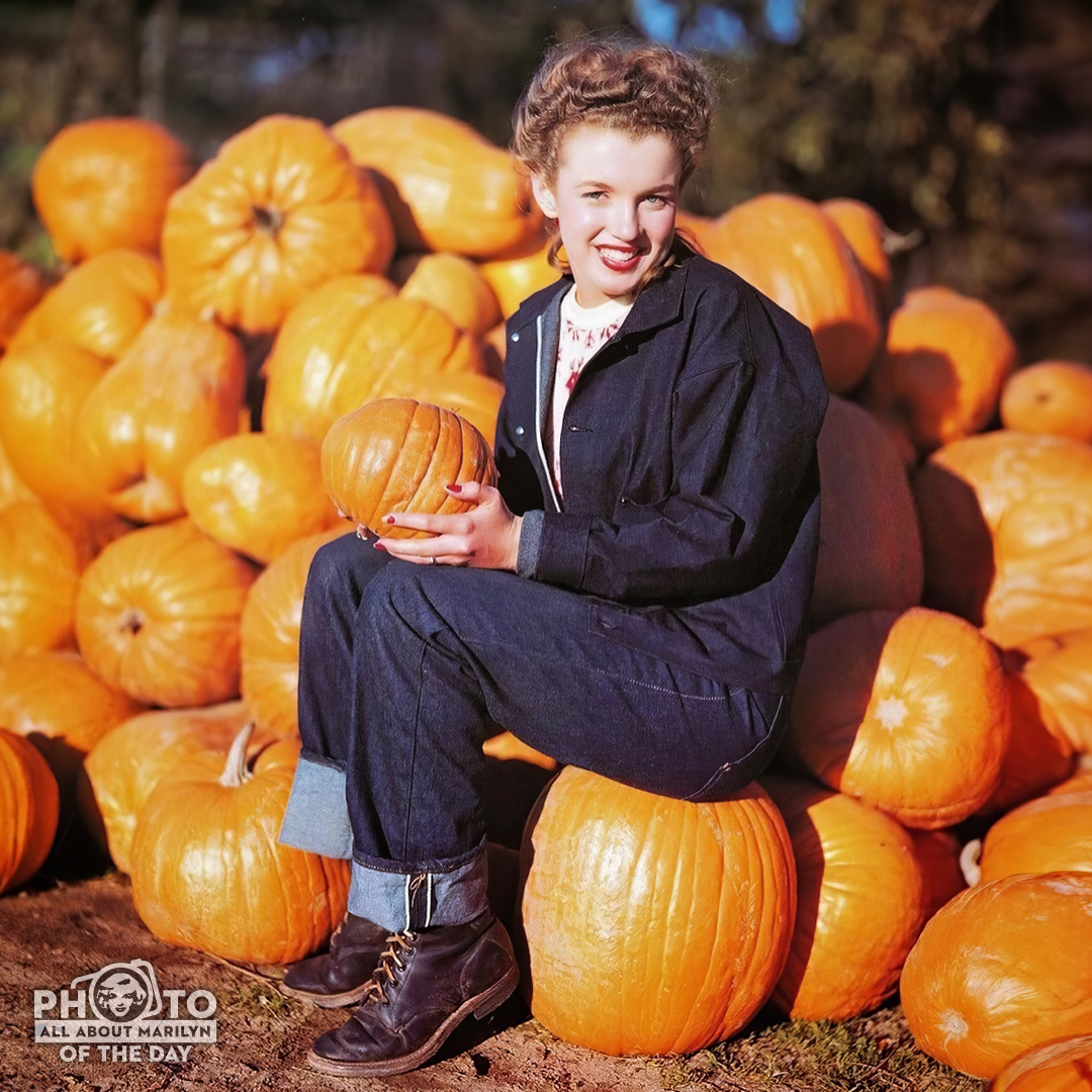 MARILYN MONROE #PhotoOfTheDay —#HappyHalloween! Here's a young Marilyn #NormaJeane sitting on a pumpkin in #PumpkinPatch in 1945 by  📸  Andre de Dienes. Cute, huh? 💋. 

#MarilynMonroeFans #AllAboutMarilyn #MarilynMonroe #MarilynMonroePhotos #OldHollywood #HappyFall #CozyFall