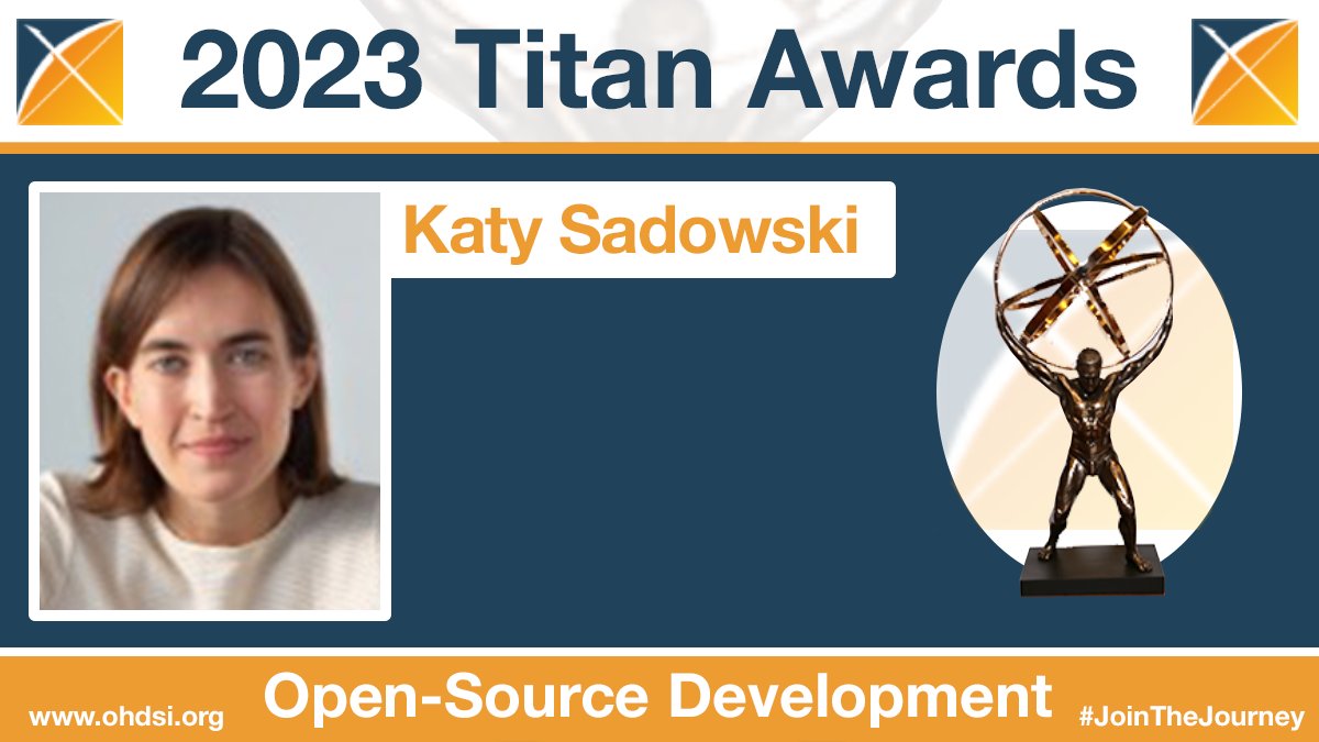 OHDSI's tweet image. Happy #TitansTuesday to Katy Sadowski, our 2023 honoree for #OpenSourceDevelopment. Katy went from being a student in the Kheiron Cohort to the maintainer for our #DataQualityDashboard package within one year, and she presented at #OHDSI2023! #JoinTheJourney