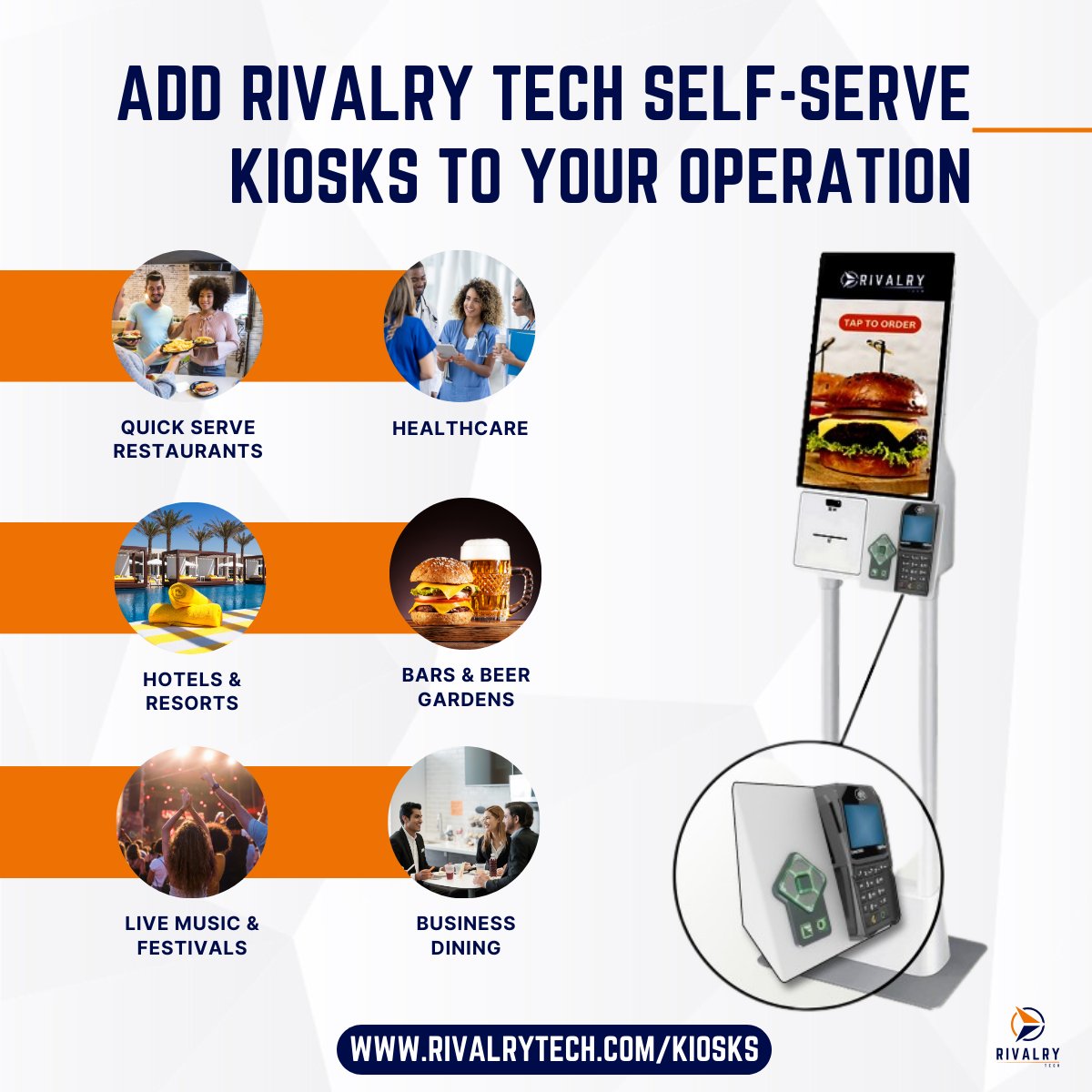 Rivalry Tech is highly flexible &amp; can work in lots of different areas. So if you're aiming to make your food &amp; bev game smoother, we've got you covered!

bit.ly/45FIOWL 

#kiosks #restaurants #healthcare #resorts #hotels #hospitality #innovation #ADA #ADAcompliant