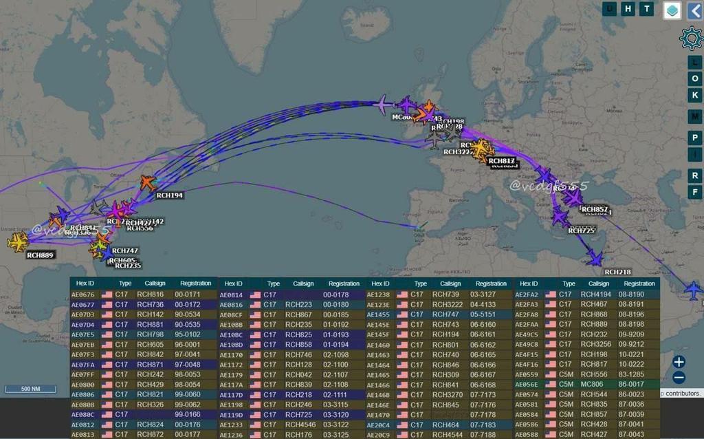 The US has stepped up large-scale airlift of cargo to Middle East.
At least 53 flights of C-17A Globemaster III and seven C-5M military transport aircraft were recorded flying between the continental United States and the Eastern Mediterranean/Middle East over the past day.
