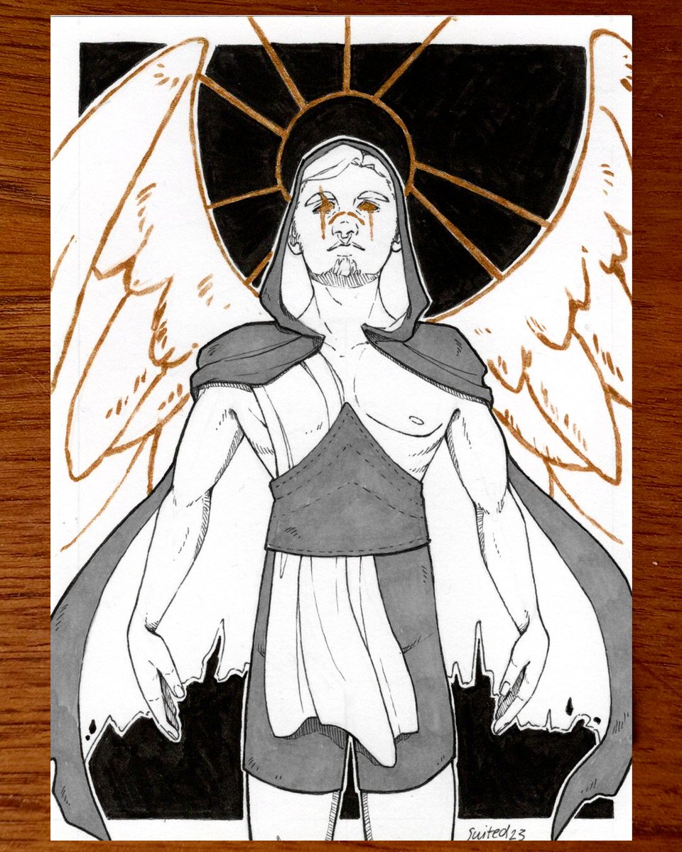 #StreamINK2023 Day 31 - Divine

» Overcoming his fear, the golden goliath sprouted wings of golden light and leaped elegantly over the pit. Thus revealing his true nature as a demigod. «

- scene from Aravelle's perspective probably.

@/Brainshake83 #Inktober #dndart