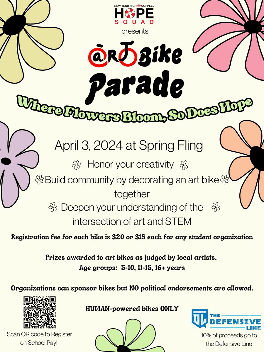 Are you crafty? Are you apart of a club? Do you like biking? Well, this event is for you! Hope Squad is hosting our first annual Art Bike Parade! Register today to show off your bike at the Spring Fling! 
#BeTheLight
#HopeSquad
#MentalHealthMatters