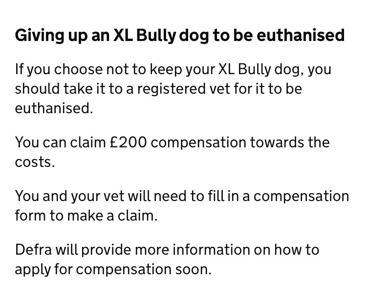 This from @DefraGovUK makes me sick. They will pay you to let them kill your dog. These are sentient living beings. Adopted members of people’s families. Most have never hurt a fly. Dystopian. I’m going to have a very busy diary defending these generally gentle giants…