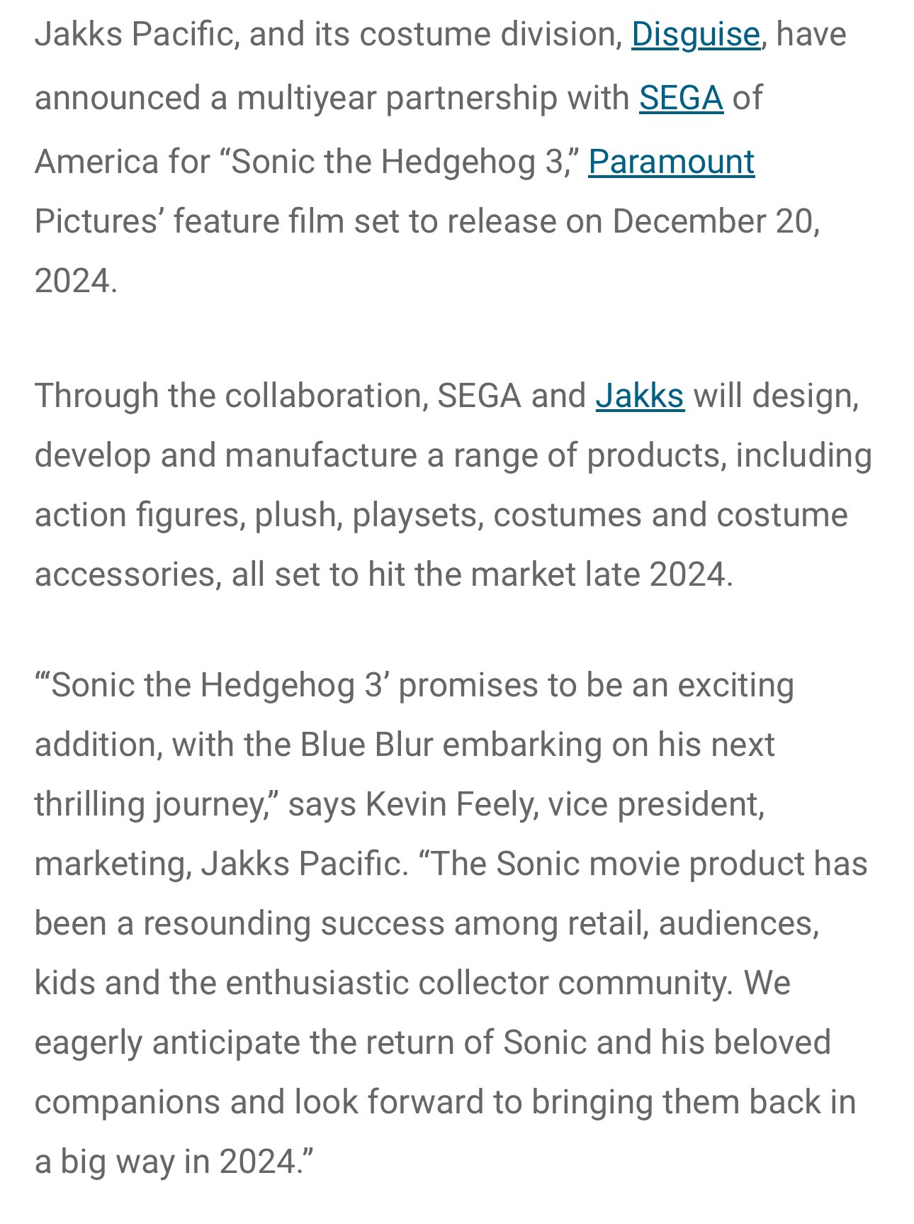 SEGA of America & Paramount Pictures Partner With JAKKS Pacific