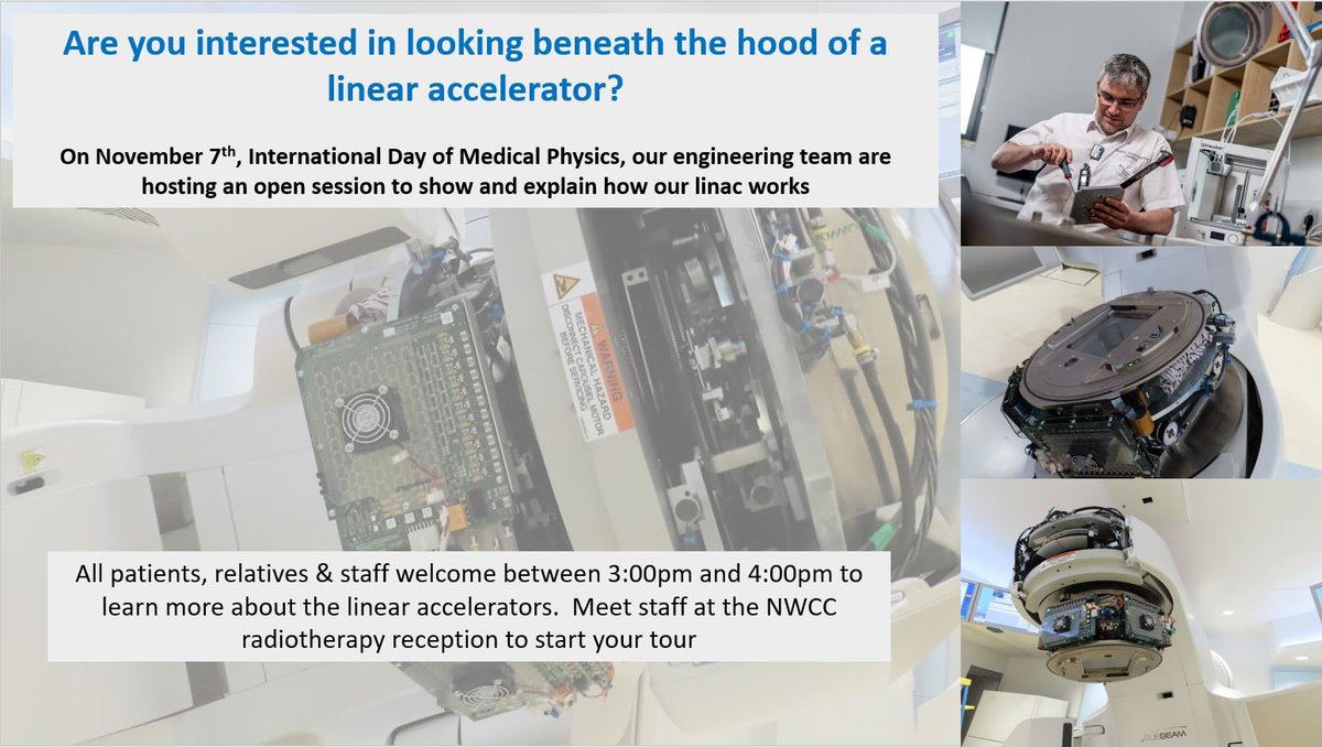 This world medical physics day, 7th November, we invite patients past and present of NWCC to have a look under the hood of our linear accelerator while our engineering team explain how it works #whsct #idmp23