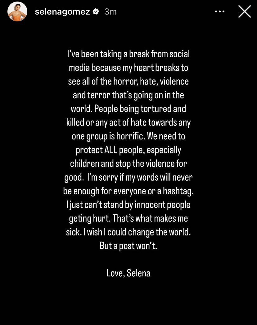 Selena Gomez’ Instagram story regarding Ukraine (left) vs Palestine (right).  Happy to share a link to donate to Ukraine with her 430 MILLION followers, but when it comes to Palestine, “a post won’t (change the world)”.  🤐🤔 FREE PALESTINE 🇵🇸