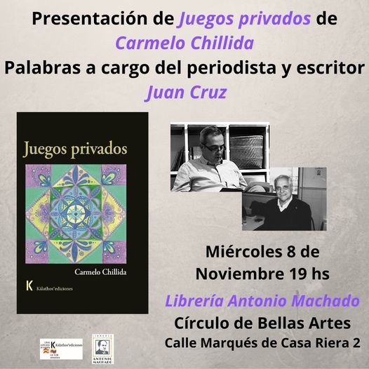 Pronto, esta fascinante conversación entre dos grandes, el poeta <a href="/carmelochillida/">Carmelo Chillida</a> y el periodista, escritor y crítico español Juan Cruz, quienes estarán con todo un planteamiento sobre la Poesía y la poética del momento, en <a href="/LibreriaMachado/">Libreria Machado</a> el 8 de Noviembre a las 7 pm.