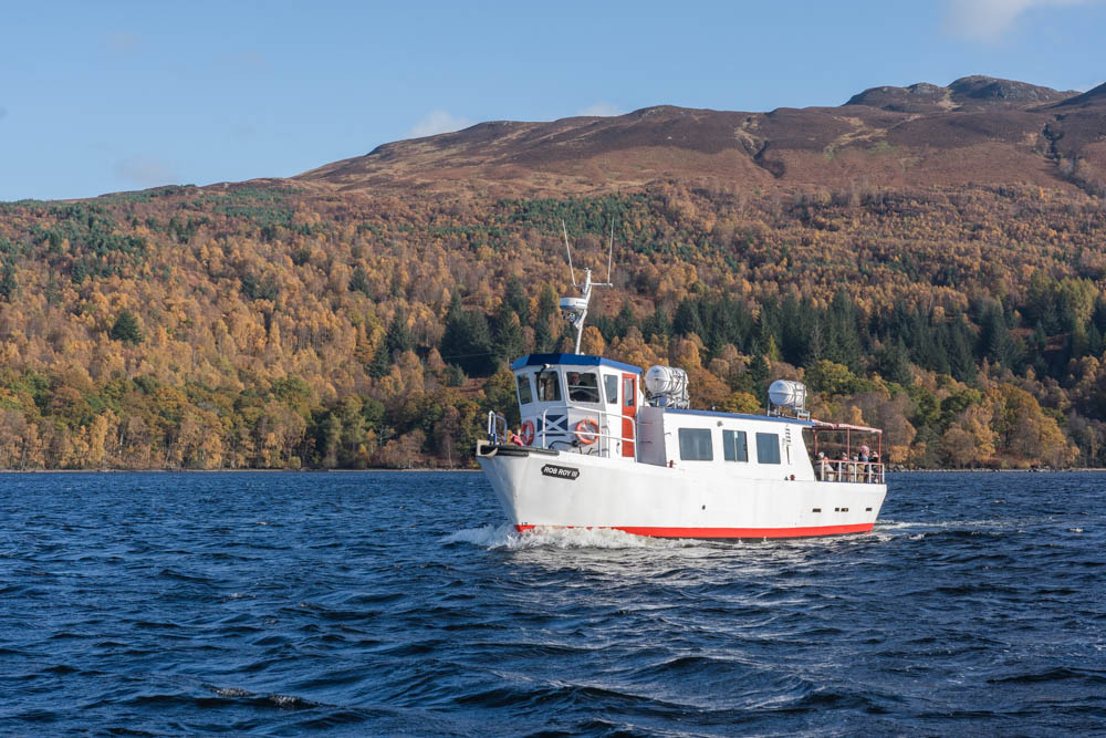 The autumn colours on Loch Katrine were breathtaking today. Good to be on the water getting photographs of one of the cruise boats and seeing the vibrant colours on the shoreline on a glorious day in the Trossachs.