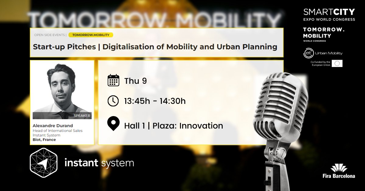 📣🎙️[PITCH ALERT #TMWC23] #Digitalisation of #Mobility and #UrbanPlanning - event organised by <a href="/EITUrbanMob/">EIT Urban Mobility</a>  at <a href="/_TomorrowMob/">Tomorrow.Mobility</a> World Congress 2023
🗓️Don't miss Alexandre Durand’s pitch on 9/11 at 13:45 in  Hall 1 | Plaza: Innovation
ℹ️
smartcityexpo.com/agenda/start-u…
🚏Visit us➡️H1_E20